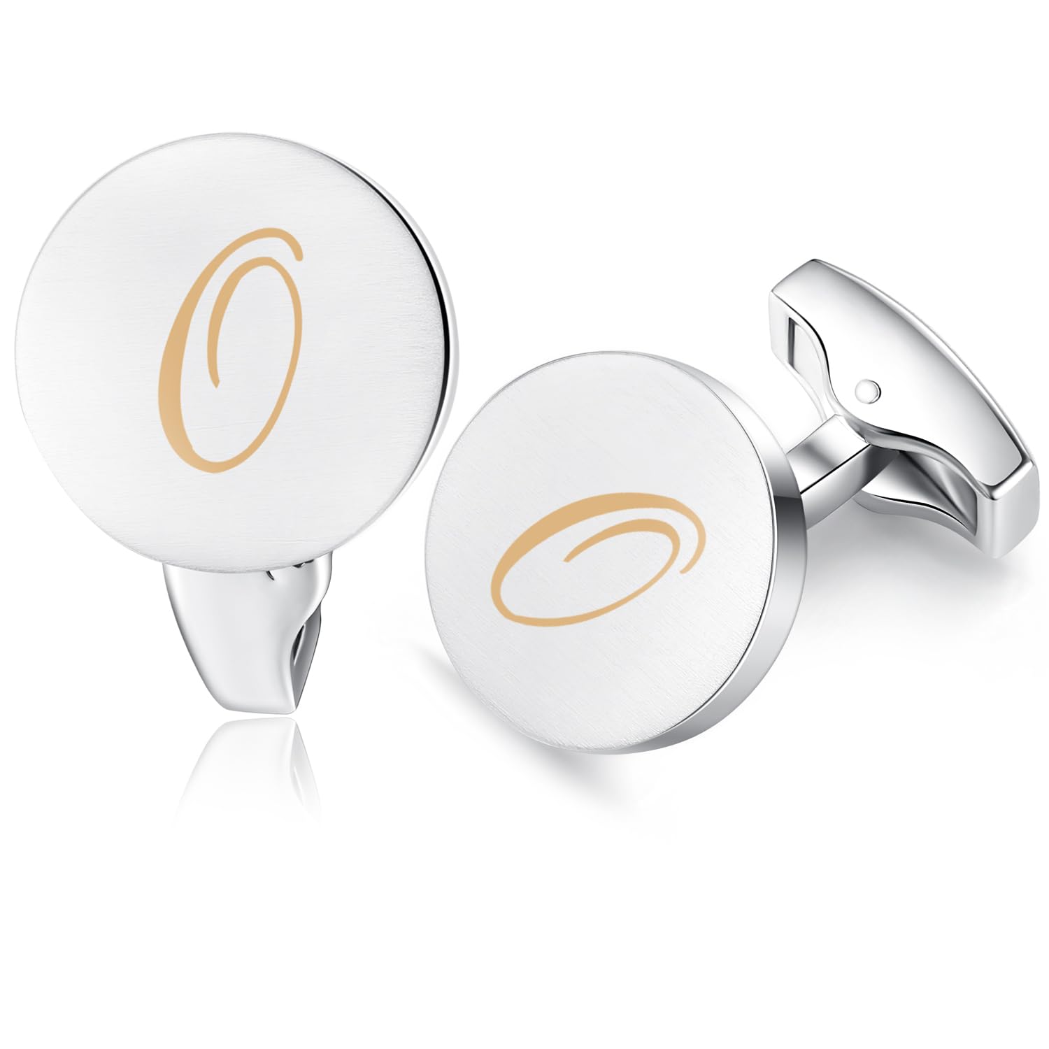 HONEY BEAR Initial Alphabet Letter Cufflinks for Men, Silver Round Shape Wedding Business Gifts A - Z (One pair O)