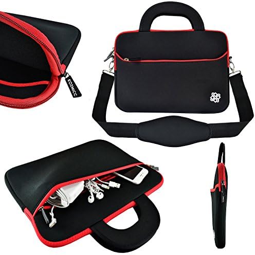 KOZMICC 11.6 - 12" inch Laptop Neoprene Shoulder Strap Messenger Sleeve Case Bag Handle Pocket for Apple Macbook Air Pro, Chromebook, Dell, HP, Samsung [Up to 11" x 6" x 1.5" Inch] (Black / Red)