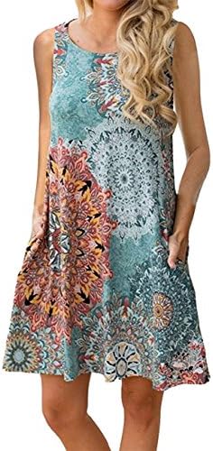 Andaa Women's Summer Floral Printed Casual Tank Shirt Dress Sleeveless Loose Fitted Long Flowy Tunic Tops with Pockets (Color04, L)
