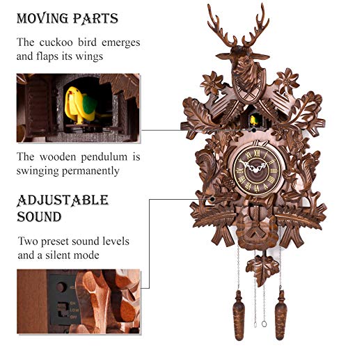 Polaris Clocks Cuckoo Clock in Black Forest Style with Night Mode Option and Hand Carved Deer Head (Brown, Deer & Squirrels)