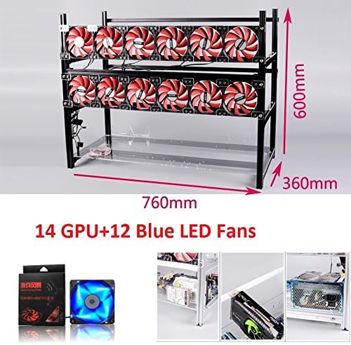 Open Air Mining Rig Stackable Frame 14 GPU Case With 12 LED Fans For ETH Z Cash (Black+Blue LED Fans)