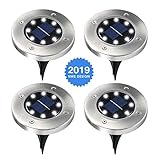 Elfeland Solar Ground Lights 8 LEDs Solar Lights Outdoor Waterproof Auto On/Off Landscape Spike Lawn Light Pathway Light Solar Powered Disk Light for Yard Deck Lawn Patio Walkway (White-4 Pack)