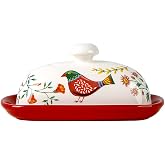 Porcelain Butter Dish with Lid, 8 inch Butter Keeper Container for Countertop, Butter Holder with Handle Cover for East/West Coast Butter (Red)