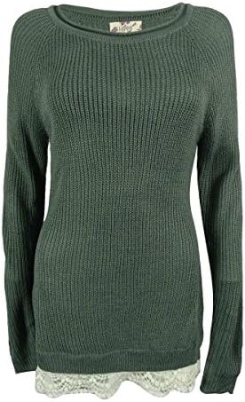 Hippie Rose Juniors' Rib Knit Crochet Hem Sweater (L, Dried Sage)