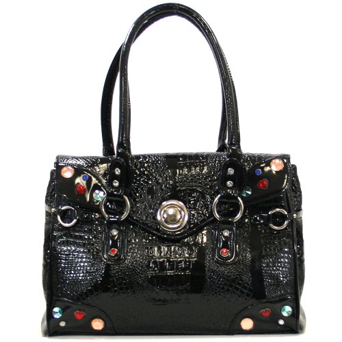 Black Croc Print Fashion Patentleather Handbag Purse 8050