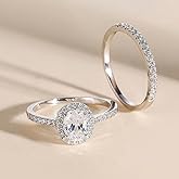 Oval Cut CZ Halo Bridal Rings Sets CZ Engagement Ring for Women Sterling Silver Plated Wedding Bands Cubic Zirconia Simulated Diamond Anniversary Promise Eternity Ring Jewelry Gift for Her