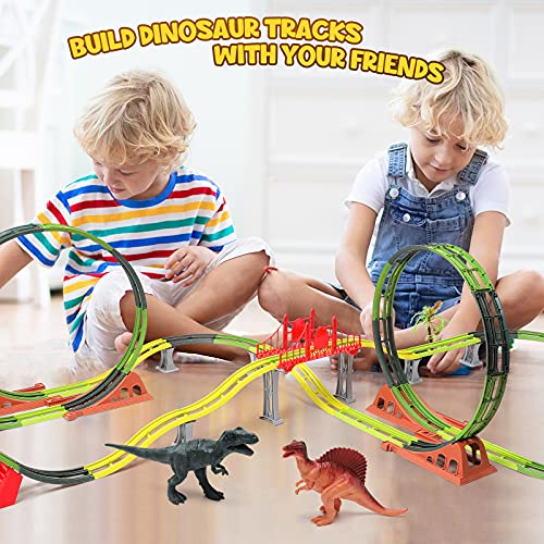 Dinosaur Track Toys Set, Rechargable Dinosaur Race Car, Flexible Tracks with Bridge/Ramps/Double 360° Loop, Assemble Track Toys to Create A Dinosaur World Road Race Great Gift for Kids Age 3+
