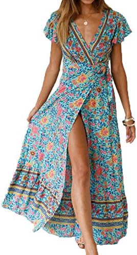 Women's Dresses Bohemian High Split V Neck Short Sleeve Ethnic Style Wrap Beach Maxi Dress