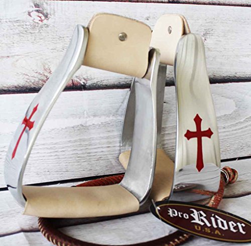 PRORIDER Western Horse Saddle Stirrups Angled Slanted Red Cross Aluminum 5165