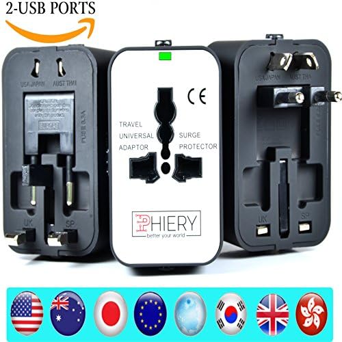 European Adapter by [PHIERY] International Travel Charger &amp; World AC Wall Outlet (USA, US, UK, EU, AU, Europe, Asia) Dual USB to 2.1A 1.0A, Traveling Accessories Pouch - Better Your World (White)
