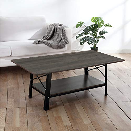 Coffee Table - CrazyLynX 46" Industrial Cocktail End Table with Storage Shelf, Solid Side Sofa Table, Wood Desktop and Metal Frame for Living Room (Retro Color) (A)