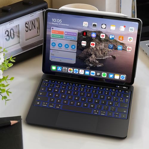 Bettdow Keyboard for iPad 10 Generation 10.9" 2022/11 Generation A16 11" 2025, Spanish Ñ Magnetic Design Floating Keyboard with Trackpad and Backlit, Black