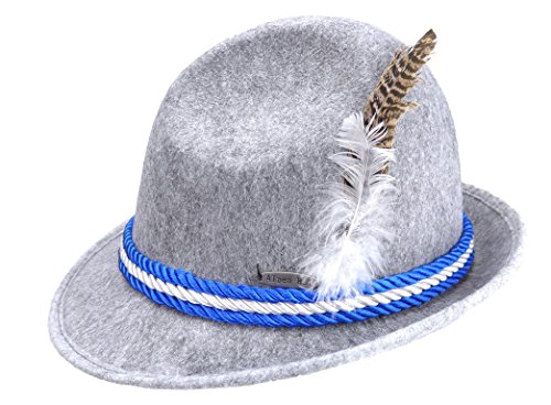 Essence Of Europe Gifts Men's German Fedora Hat W/Bavarian Rope & Feather X-Large Gray