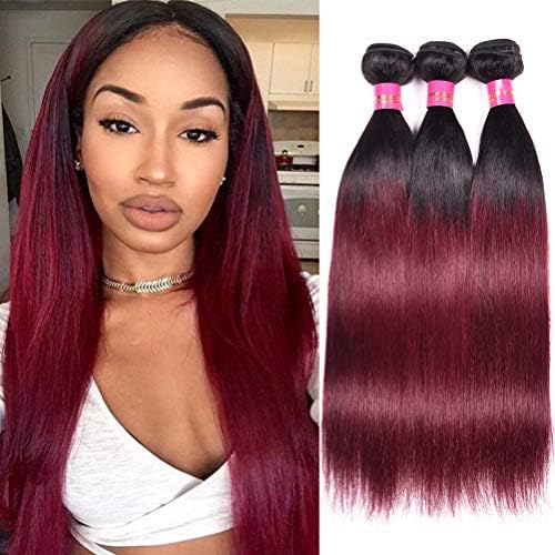 Wome Hair Peruvian Remy Hair Weaves Dark Root Ombre Burgundy 3 Bundles Silky Straight Human Hair Bundles Extensions (20"22"24", 1b/99J#)