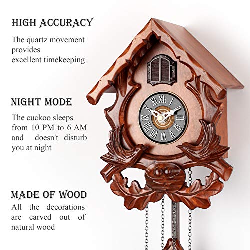 Polaris Clocks Cuckoo Wall Clock with Night Mode, Singing Bird and Carved Wood Decorations (Cherry)
