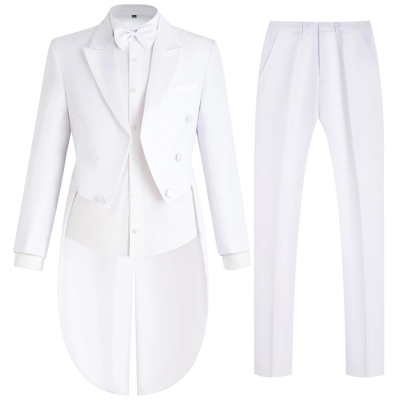 Photo 1 of Mens Tailcoat Suit Jacket Tuxedo Double Breast Swallow Tail Coat Pants Bow Tie White (size unknown)