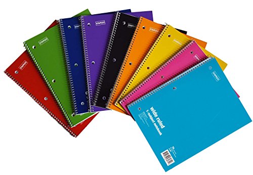 Staples Spiral Notebook 1-subject, 70-count, Wide Ruled, Assorted Colors, 6 Pack