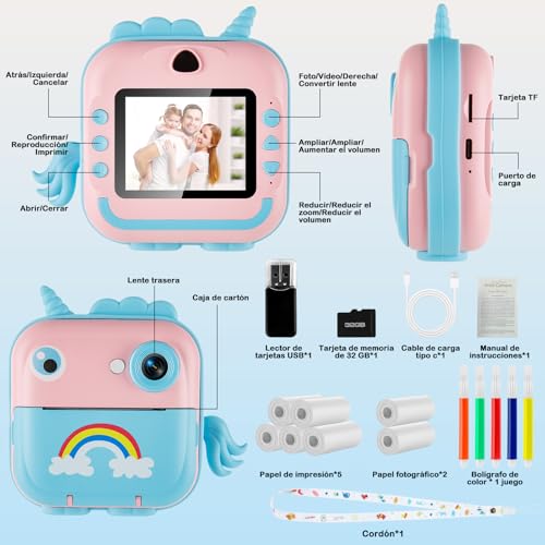 Camara para Niños, 48MP HD Cámara de Impresión Instantánea con Tarjetas de 32G y 5 Rollos de Papel Térmico, Camara Fotos Infantil Instantanea para Niños de 3 a 12 Años, Regalo de Cumpleaños, Navidad