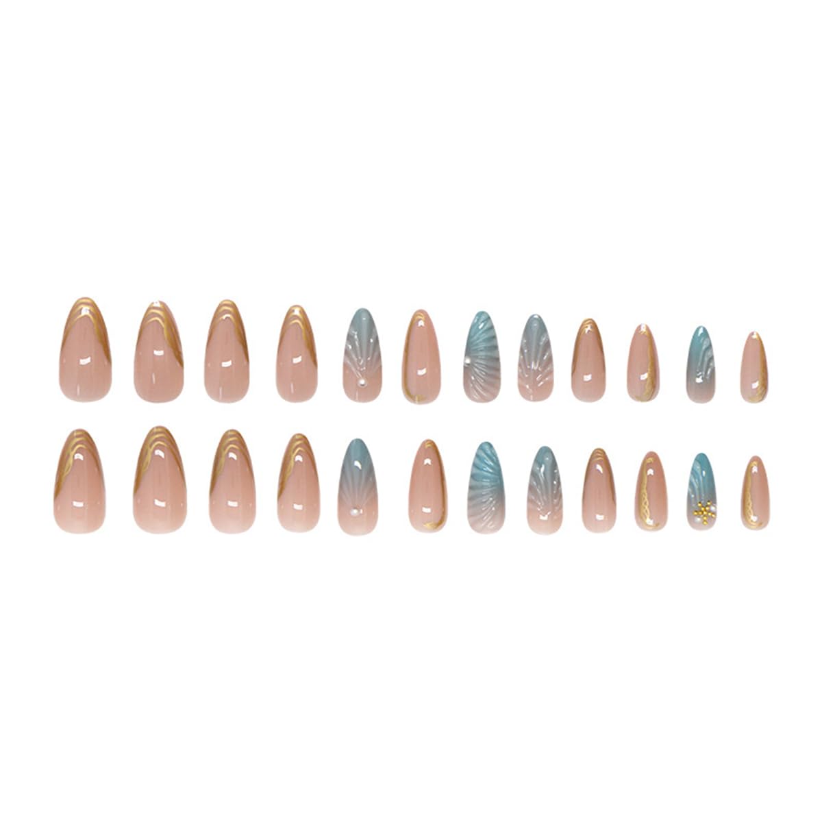 24 Pcs Summer Press on Nails Short Almond,YEFIUO French Nail Tips Acrylic Nail Kit 3D Beach Shell Starfish Pearl Nail Art Fake Nails Press ons French Tip Glue on Nails Full Cover False Nails for Women - Image 5