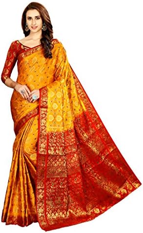 Art Decor Sarees Women's Banarasi Minakari Saree with Blouse Piece(YM_Yellow and Maroon_Free Size)