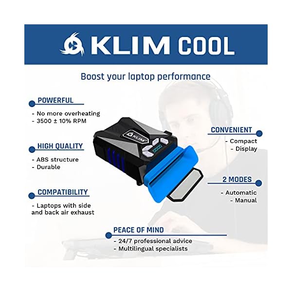 KLIM-Cool-Universal-Gaming-Laptop-PC-Cooler-High-Performance-Fan-for-Fast-Cooling-Action-USB-Hot-Air-Extractor-New-2021-Version-Blue KLIM Cool Laptop Cooler Fan - NEW 2023 - Innovative Portable Cooling Design with Display - External Gaming Cooler - High…