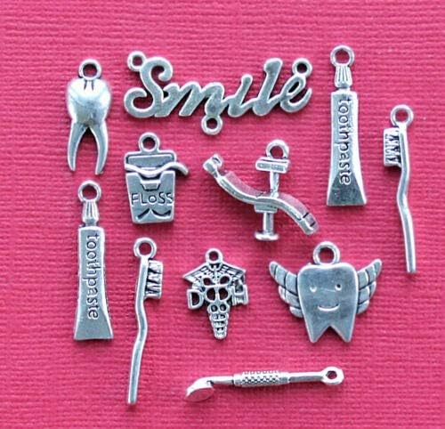 11 Pc Dental Deluxe Charm Collection Antique Silver Tone Charms - Jewelry Making Supply by Charm Crazy