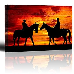 Two Riders Meet While on Horseback Sunset on...