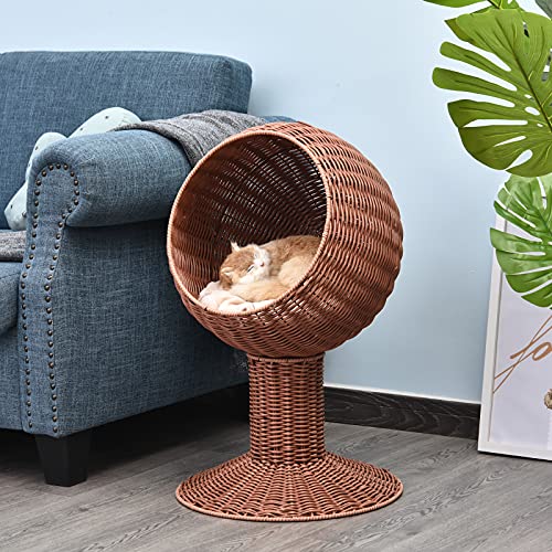 PawHut 27" Hooded Wicker Elevated Cat Bed Rattan Kitten Condo Round