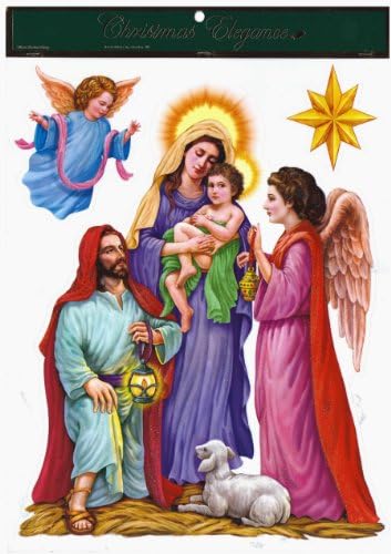 Holy Family Nativity Window Clings with Angels and Star + Glitter Accents