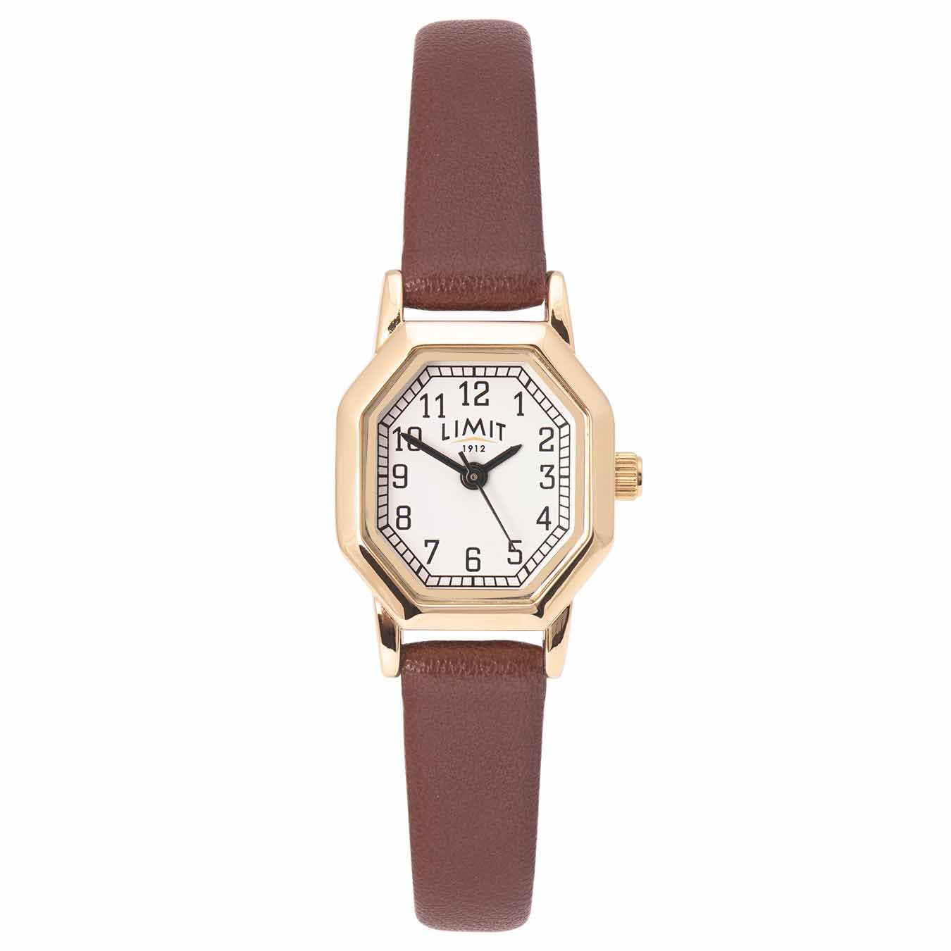 Limit Women’s Classic Dress Watch 20 mm Gold Octagonal Case White Dial with Black Arabic Numerals Brown PU Leather Strap Quartz Analogue 2-Year Guarantee