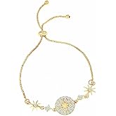 Luckstick Dainty Sun Star Link Bracelet, 14K Gold Plated, Adjustable Chain, Natural White Crystal Diamond Bracelet, Zirconia Bracelet for Women