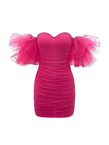 knee length dresses for ladies ZESICA Off Shoulder Mesh Irregular Ruffle Bodycon Midi Dress – zesica main image 1