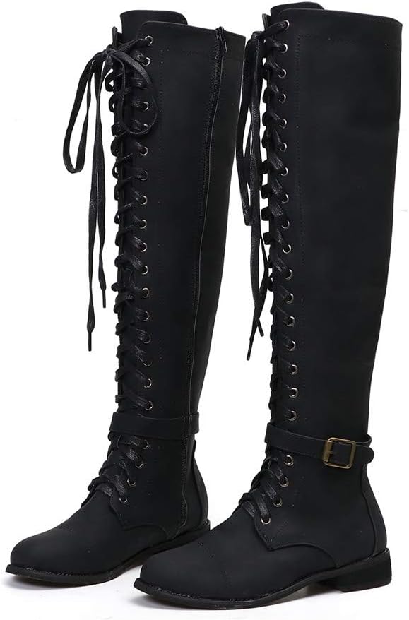 Vibola Long Boots for Women Under Knee Vintage Lace Up Buckle Strap Chunky Heel Casual Knight Booties Shoes