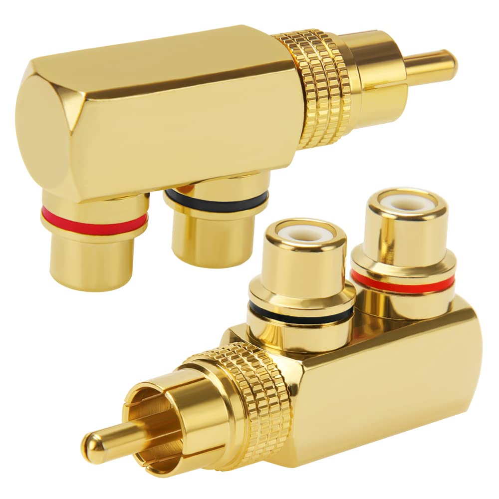 KUOQIY 2 PCS 90 Degree Right Angle RCA Splitter, RCA Male to 2 Female AV Splitter Adapter Connector, Gold Plated Jack Audio Video Y — image 1
