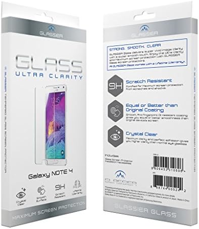GLASSIER Tempered Glass Screen Protector for Samsung Galaxy Note 4 - Glass is product of Japan, Designed in California, 9H Crystal Clear 93% Transparency Scratch Resistance