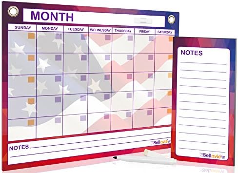 Sellavie Reusable Planner Dry Erase Monthly Magnetic Whiteboard Calendar, Hangs on Refrigerator with Strong Magnets, or Wall Mounted, American Flag Design, Dry Erase Marker, BONUS Magnetic Memo Pad