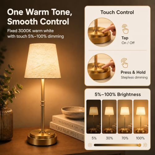 Rechargeable Table Lamp, 6000mAh Cordless Bedside Lamp, Gold, 3000K | Moves From Bedside to Side Table, 12-36H Runtime, 5%-100% Touch Dimming, Soft Linen Glow, 40.6 cm High