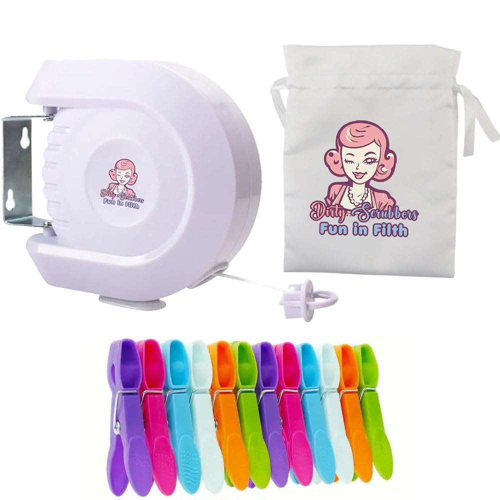 Dirty Scrubbers Retractable 15m (50ft) Washing Line - Heavy Duty, Space-Saving, 180-Degree Swivel, White Clothes Line, Ideal for Indoor and Outdoor Use, Vintage Home Comes with Pegs and Peg bag