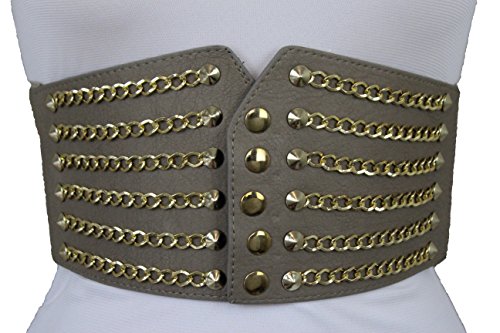 TFJ Women Fashion Corset Belt Wide Waist Gray Faux Leather S M Gold Chains