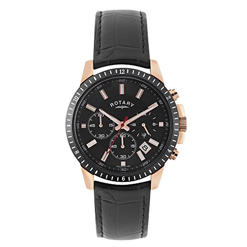Rotary Men's Chronograph Black Genuine Leather and Dial Rose-Tone Case