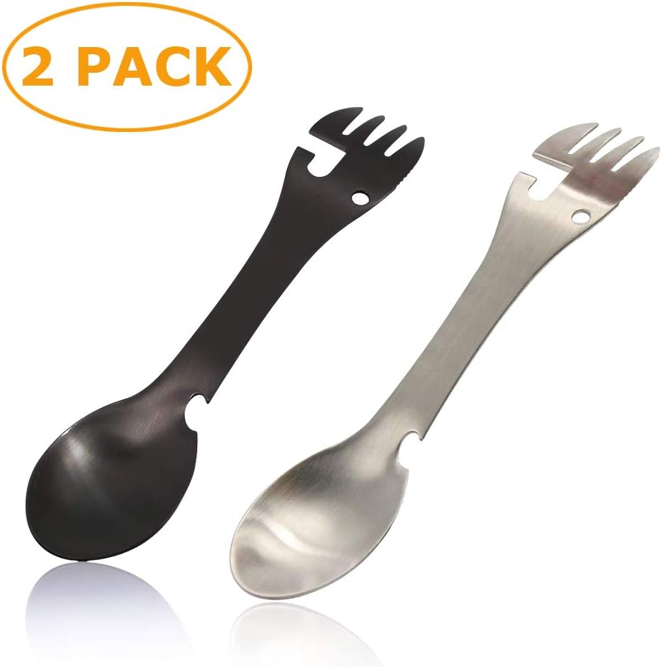 Squadare 2 PCS 7" x 1.3" 5 in1 Stainless Steel Functional Multi Flatware Spork Camping Utensil Knife Spoon Fork Bottle Can Opener