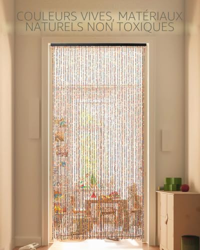 Ezcasch Bamboo Bead Door Curtain 90 x 200 cm 52 Strands Colorful Wooden Bead Curtain as Boho Style Decoration and Mosquito Net Handmade Beaded Curtain for Windows Doors