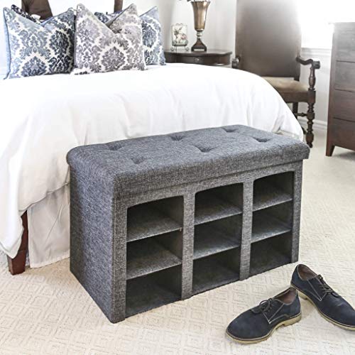 Seville Classics 30" White Boucle Storage Ottoman Bench - Cushioned Lid, Foldable Frame, Footrest