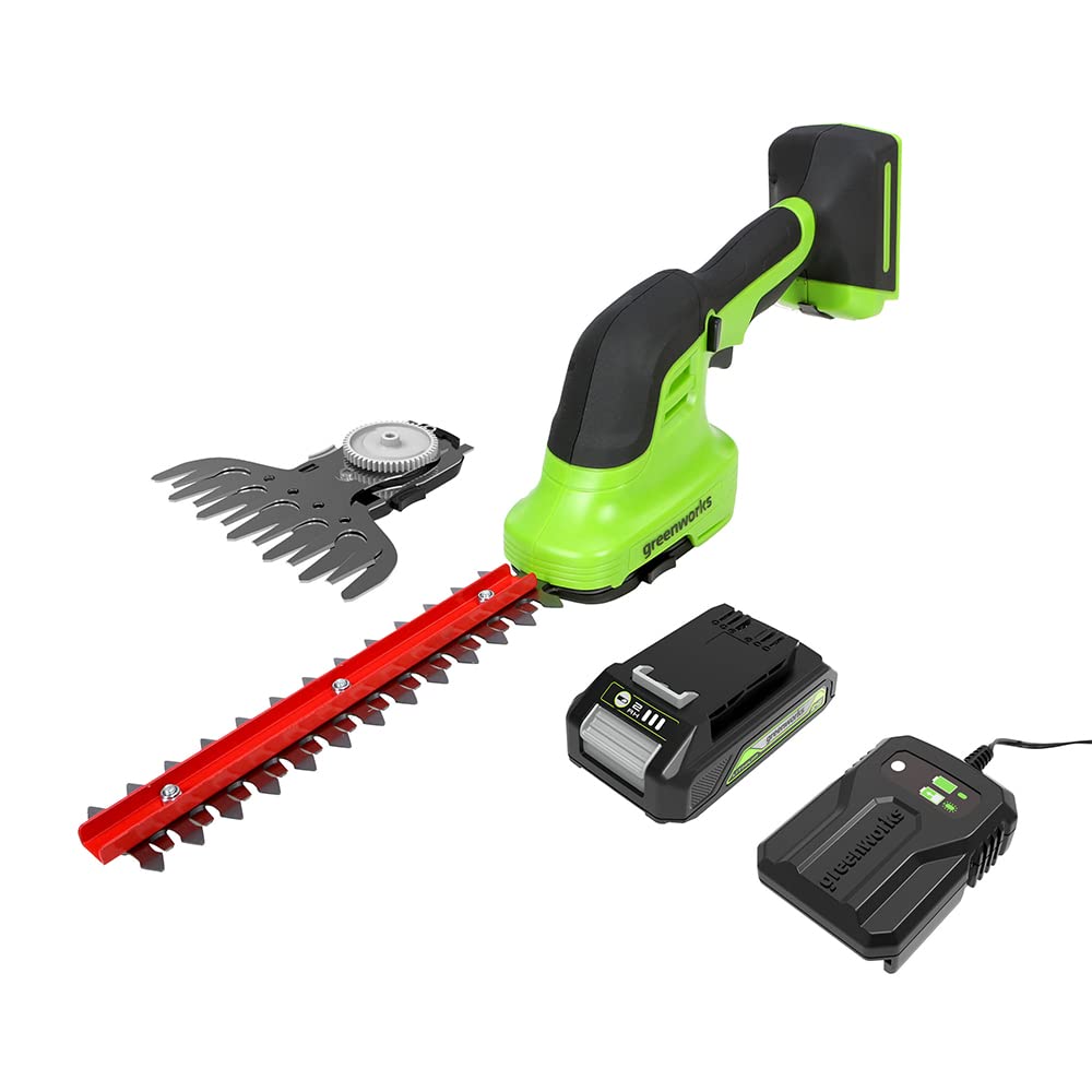 Greenworks Tools Cisaille Sculpte-Haies & Taille-Herbe De 120Mm À Batterie 2Ah 2En1 Greenworks G24Shtk2 (Li-Ion 24V 2400 Coups/Min Épaisseur 8Mm Taille-Haie De 20Cm Avec Chargeur
