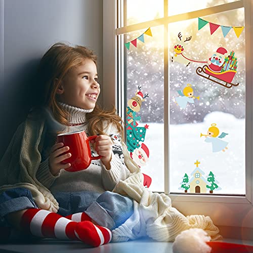 BigOtters 240PCS Christmas Window Cling Stickers, 12 Sheets Christmas Snowflake Window Clings Stickers for Glass Xmas Window Decals Decorations Holiday Snowflake Santa Claus Reindeer Decals for Party