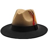 BUDUBIBI Fedora Hat for Men and Women, Classic Woolen Adjustable Felt Panama Hat with Feather Wide Brim Gradient Jazz Cap