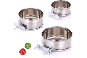 ACEONE 3 Pack Bird Feeder Bowl, Stainless Steel Parrot Feeding Cups with Clamp Holder, Cage Water Food Dish for Parakeet Lovebird Conure Cockatiels
