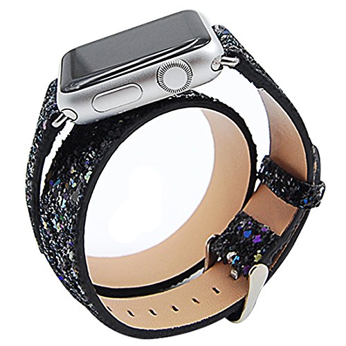 Apple Watch Band, iitee Double Tour Christmas Shiny Glitter Power Leather Bling Luxury iWatch Band Wristwatch Bracelet Strap Belt(Double Tour Black 38mm)
