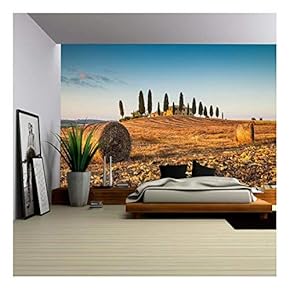 Beautiful Tuscany Landscape with Traditional Farm House and hay Bales in Golden Evening Light, Val d Orcia, Italy - Removable Wall Mural | Self-Adhesive Large Wallpaper - 66x96 inches