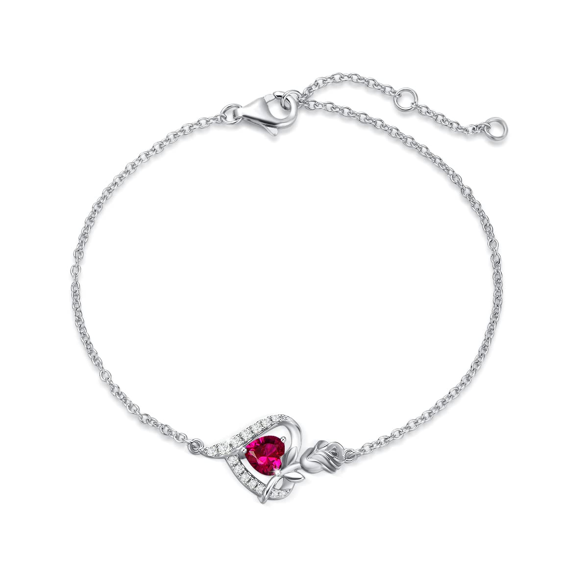 FANCIME Rose Heart Bracelets for Women 925 Sterling Silver July Birthstone Red Ruby Bracelet Fine Jewellery Gifts Christmas Birthday Valentine's Mother's Day Present for Her Wife Ladies Mum